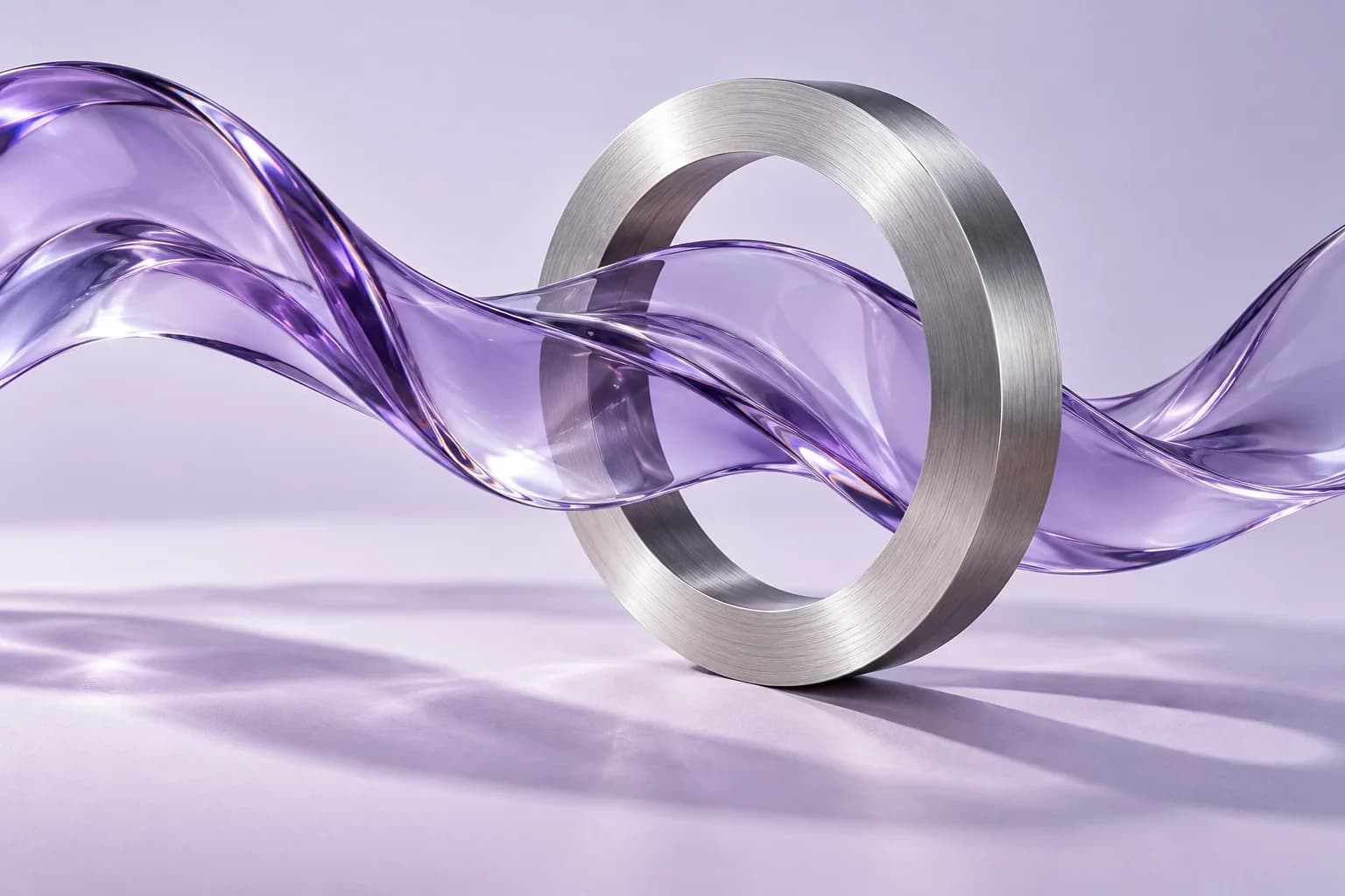 A violet glass ribbon flowing through a silver circular aperture